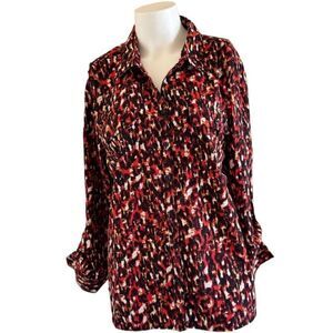 Notations XL womens red black cheetah blouse collared long sleeve